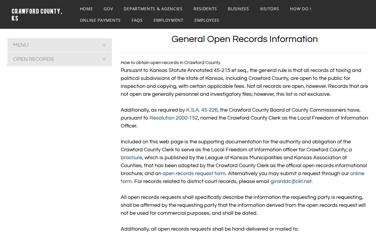 Crawford County release records request forms and KORA officer page