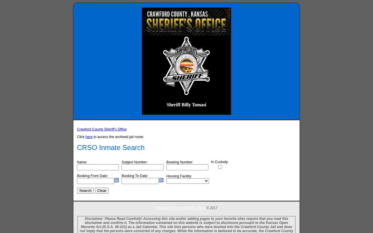 Crawford County released inmate search controls and In Custody checkbox
